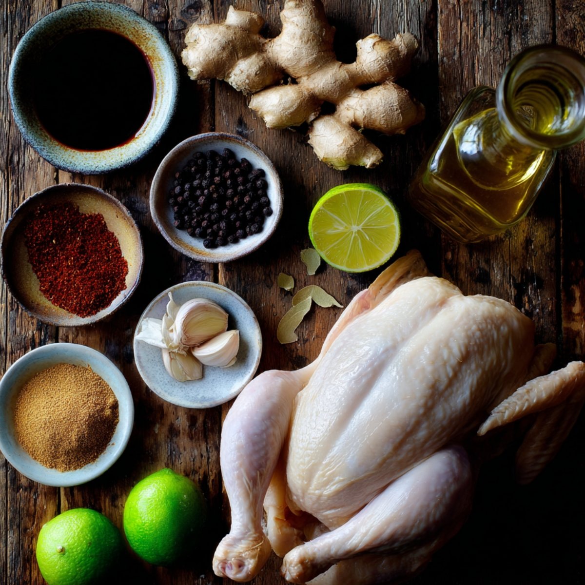 Raw whole chicken on a rustic table surrounded by marinade ingredients: garlic, ginger, lime, peppercorns, oil, soy sauce, and spices.