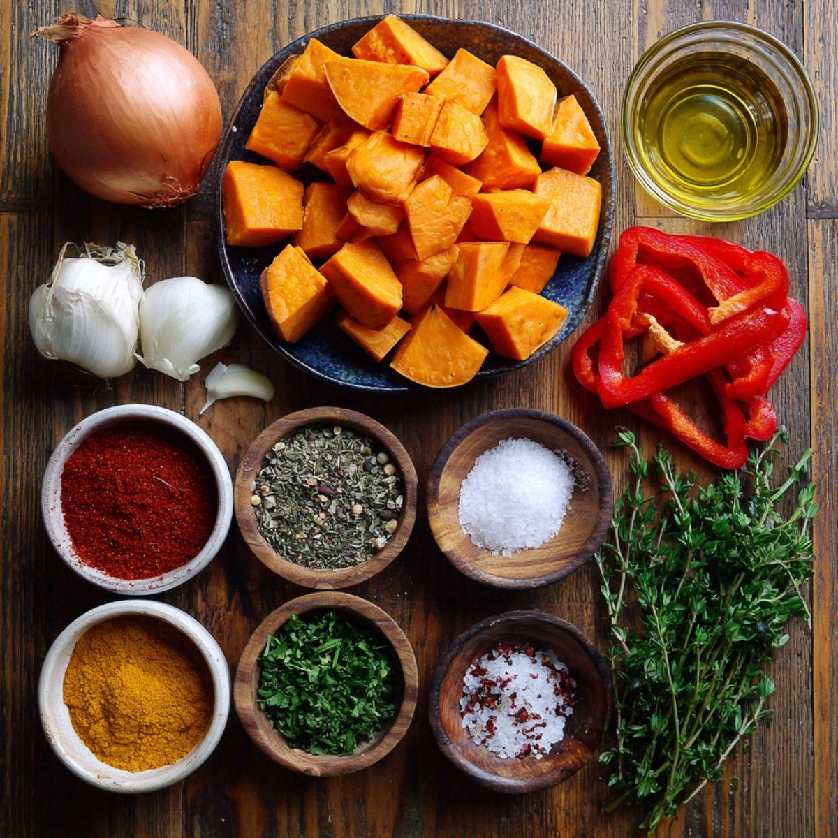 An overhead view of sweet potato hash ingredients: cubed sweet potatoes, sliced red bell peppers, whole garlic cloves, a yellow onion, fresh thyme, parsley, small bowls of paprika, turmeric, dried herbs, coarse salt, red pepper flakes, and a glass of olive oil, all arranged on a wooden surface.