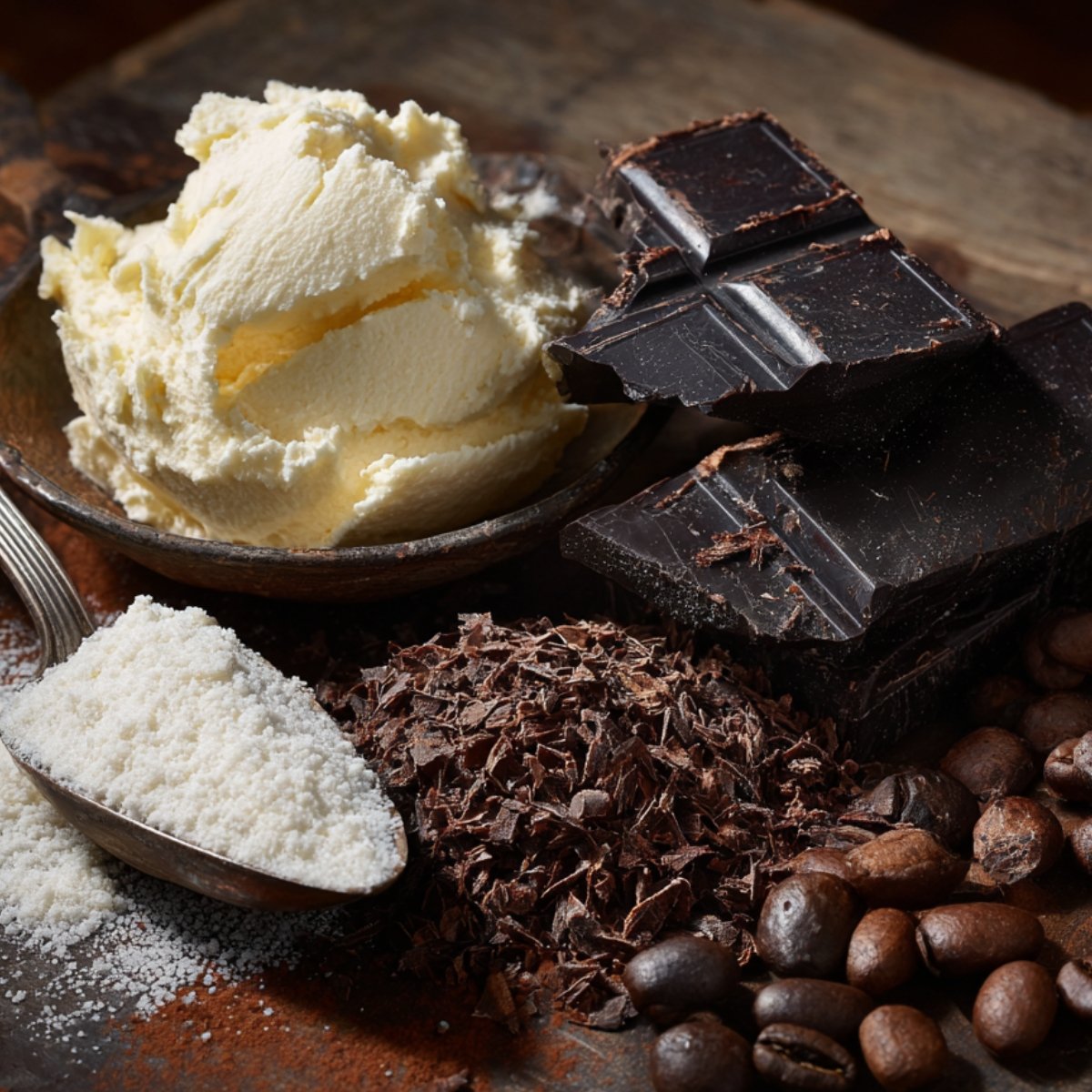 Rustic wooden background with rich dessert ingredients: mascarpone cheese, powdered sugar, shaved dark chocolate, whole coffee beans, chocolate chunks, and a metal spoon holding sugar. Perfect setup for a tiramisu or dessert base.