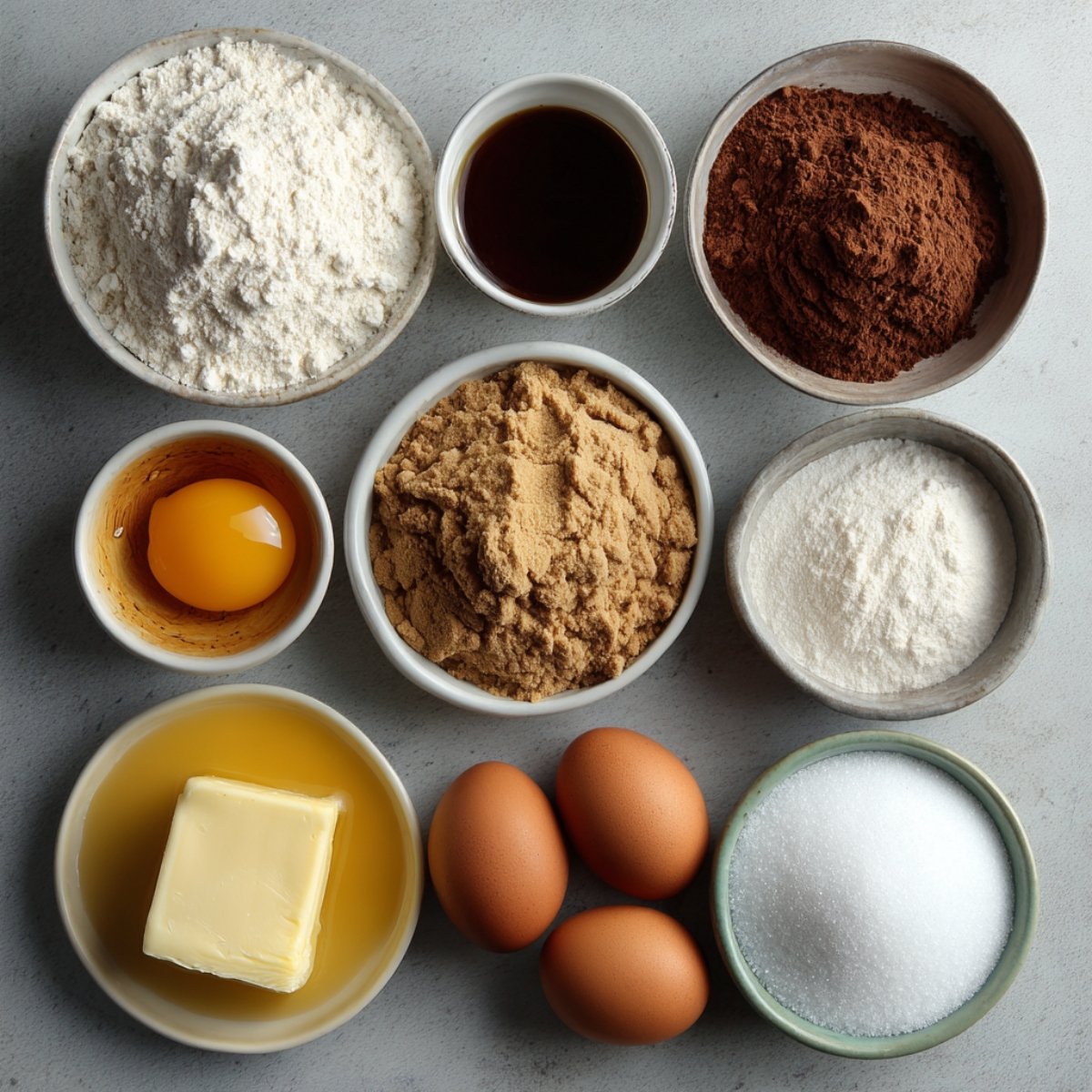Top-down view of separated ingredients in ceramic bowls, including: all-purpose flour, cocoa powder, white sugar, brown sugar, butter, eggs, vanilla extract, espresso shot, and baking ingredients. Ideal for assembling a dessert cookie dough.