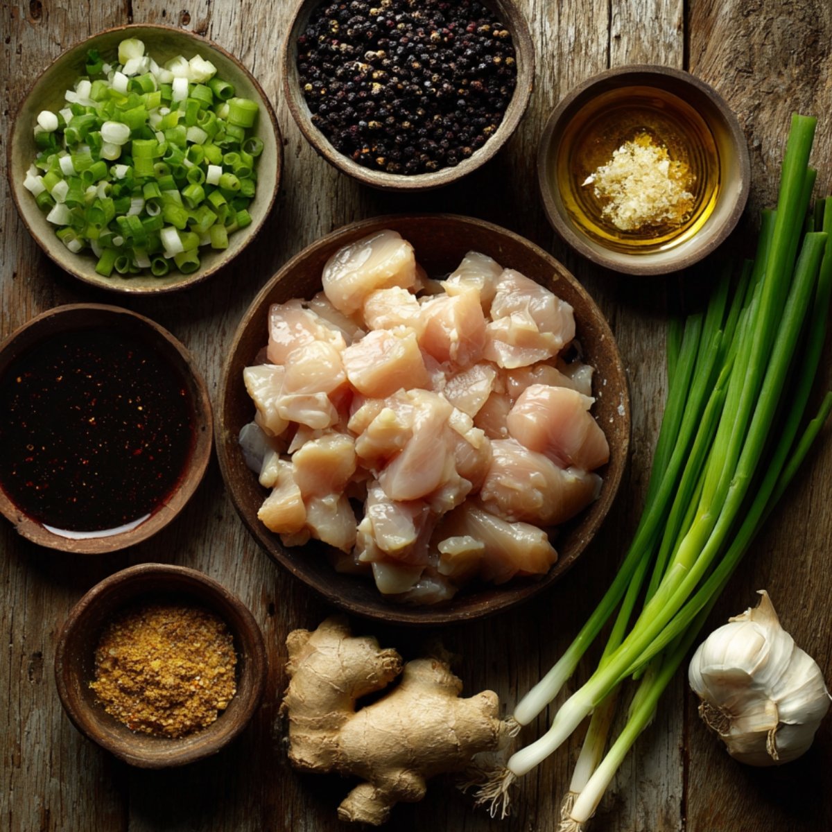 Assortment of chicken stir-fry ingredients arranged on a rustic wooden table, featuring diced raw chicken, green onions, whole black pepper, minced garlic in oil, fresh ginger, soy sauce, and garlic bulbs.