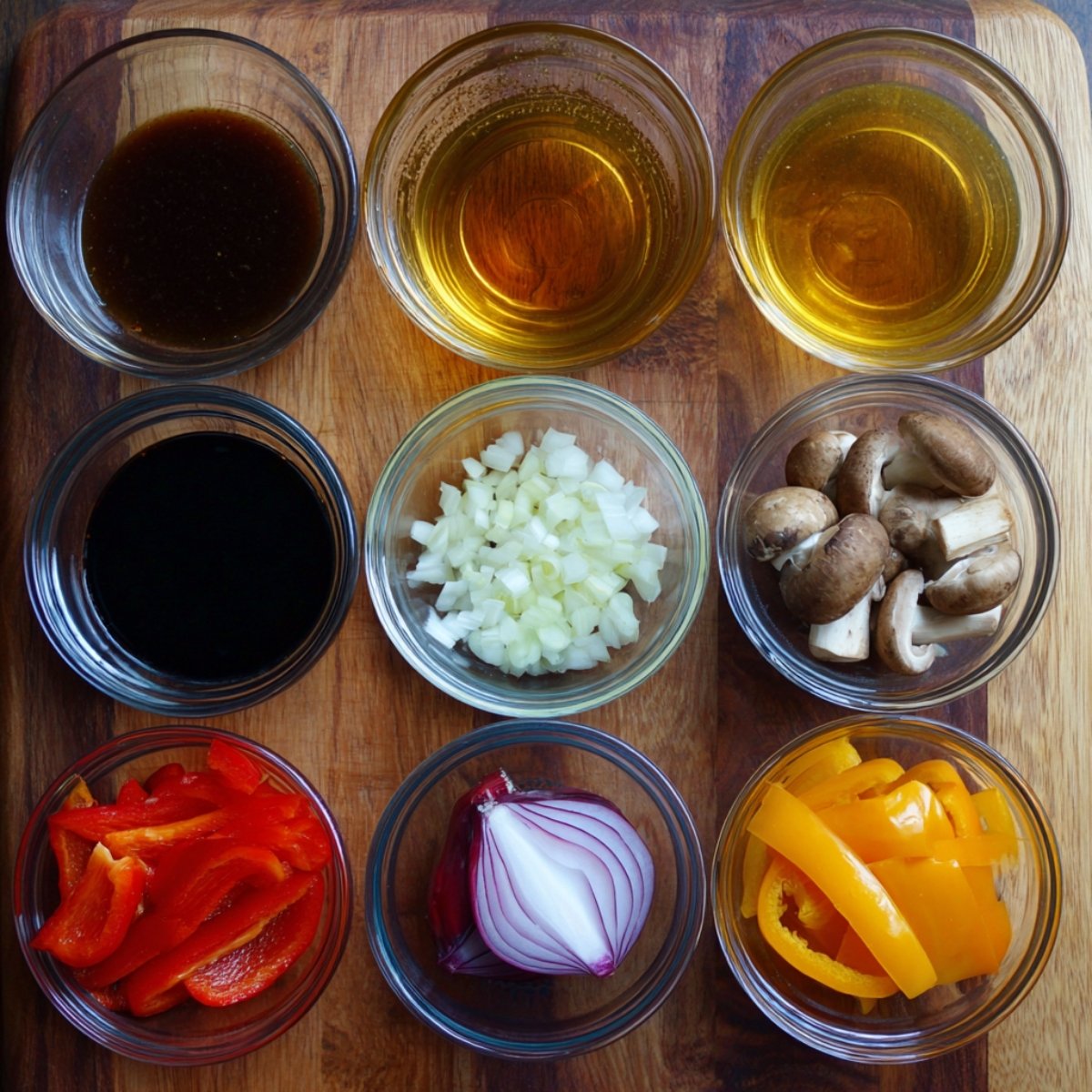 Overhead view of various stir-fry ingredients in glass bowls on a wooden board, including soy sauce, cooking oil, chopped onions, mushrooms, red and yellow bell peppers, and diced red onion.