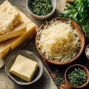 A close-up of cheese ingredients, including wedges and shreds of Parmesan, a pat of butter, and small bowls of fresh herbs, all arranged on a rustic surface.
