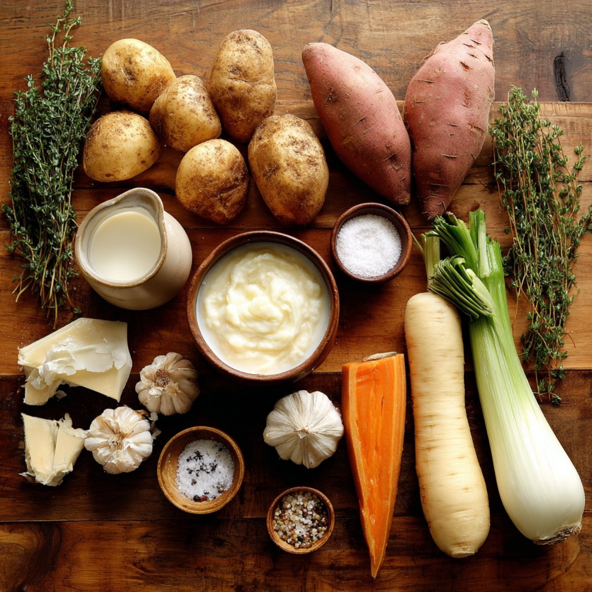 An overhead view of root vegetable gratin ingredients: russet and sweet potatoes, parsnip, carrot, leek, garlic, butter, milk, yogurt, thyme, salt, pepper, and cheese, neatly arranged on a wooden surface.