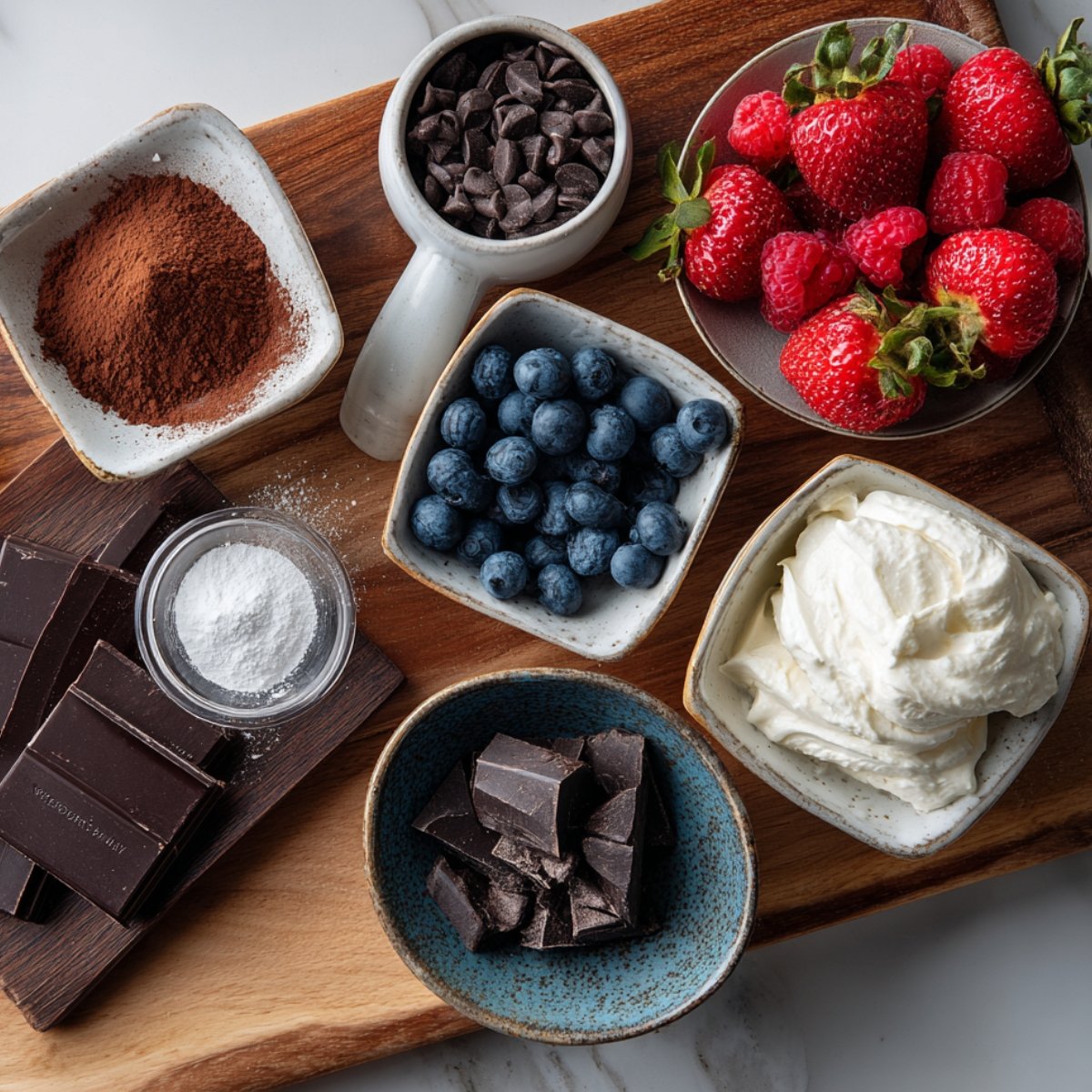Assorted chocolate toppings, berries, cocoa powder, and whipped cream on a wooden tray for decorating pancakes or desserts