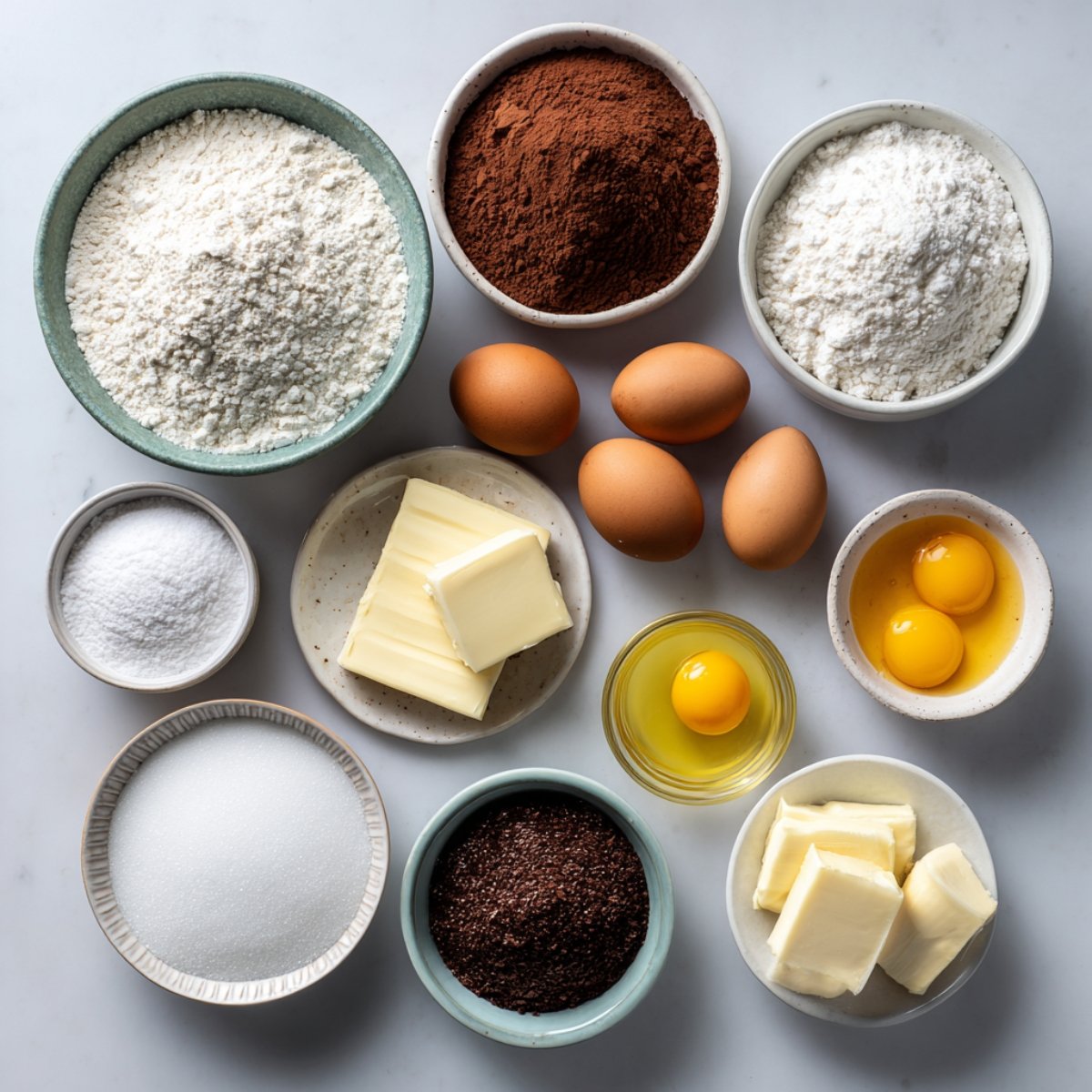 Flour, cocoa powder, butter, sugar, and raw eggs neatly arranged in ceramic bowls on a marble surface for chocolate pancake batter.