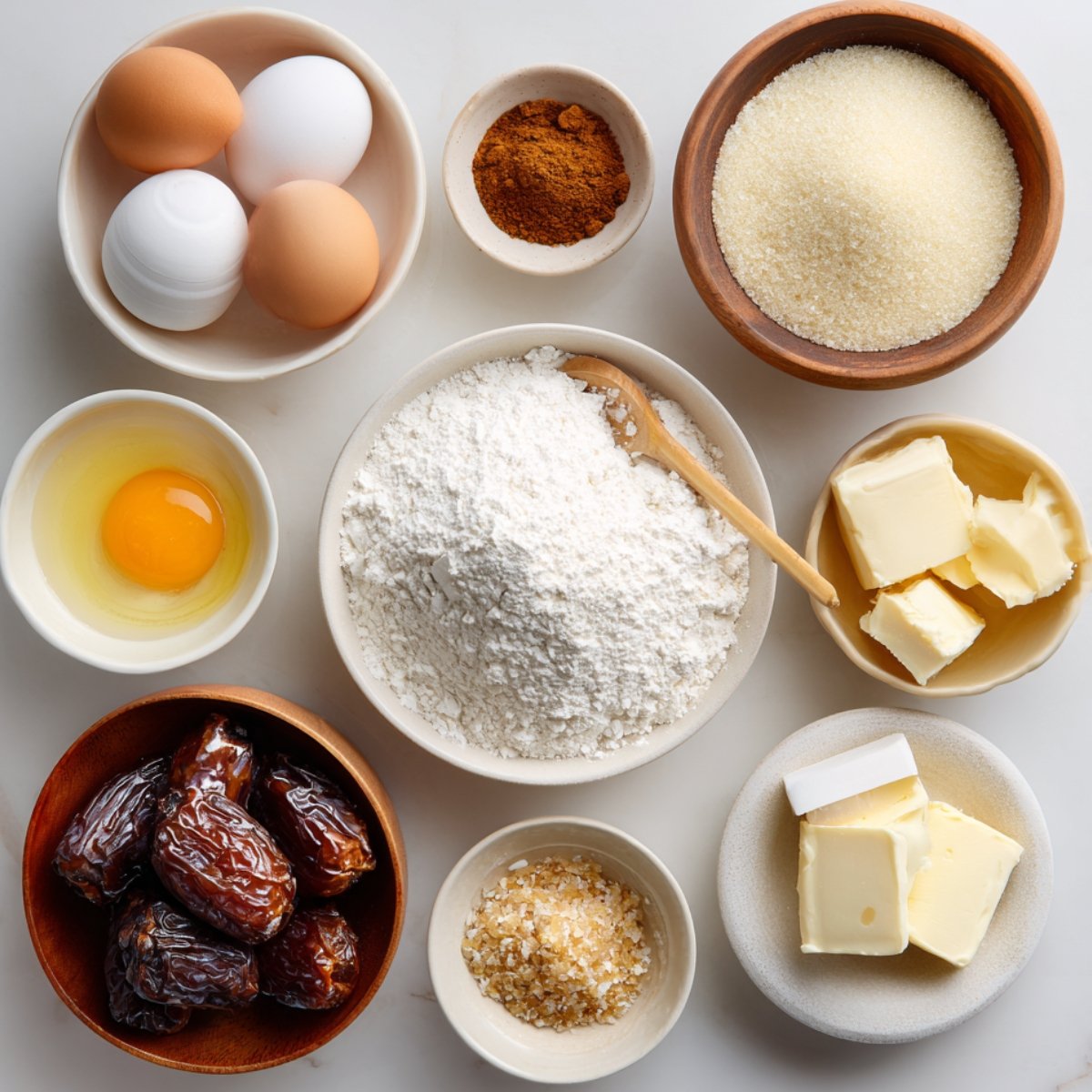 Baking ingredients laid out on a marble surface, featuring whole eggs, one cracked egg, flour with a wooden spoon, Medjool dates, butter chunks, sugar, cinnamon, and coarse sugar crystals.