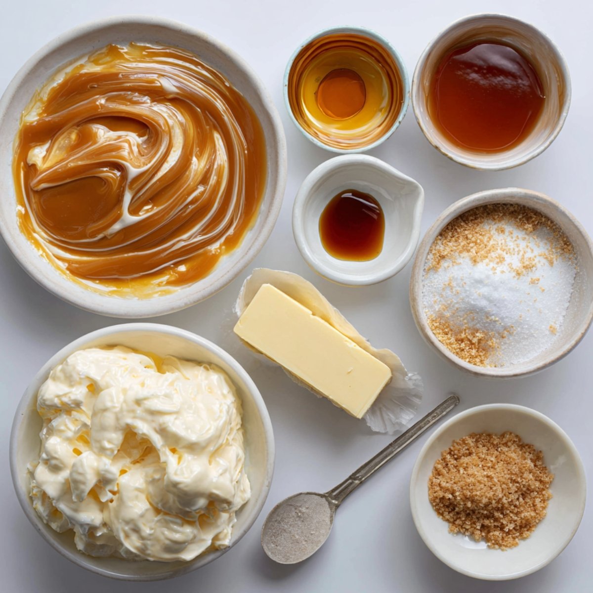 A variety of dessert ingredients arranged in small bowls on a white surface, including whipped cream, caramel sauce, vanilla extract, butter, granulated sugar, brown sugar, and a spoon of salt or spices.